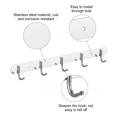 Harfington Uxcell Coat Hook Rack, 201 Stainless Steel Polished Wall Mounted with 5 Hooks Hook Rail Wall Hangers for Bedroom, Bathroom 2Pcs