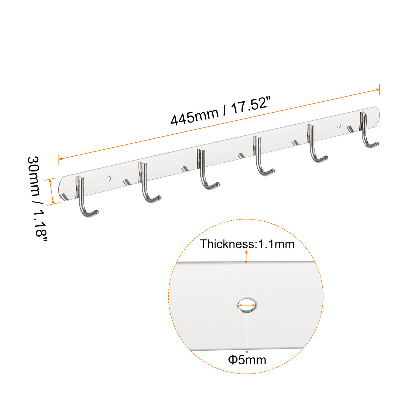 uxcell Uxcell Coat Hook Rack, 201 Stainless Steel Polished Wall Mounted with 6 Hooks Hook Rail Wall Hangers for Bedroom, Bathroom 2Pcs