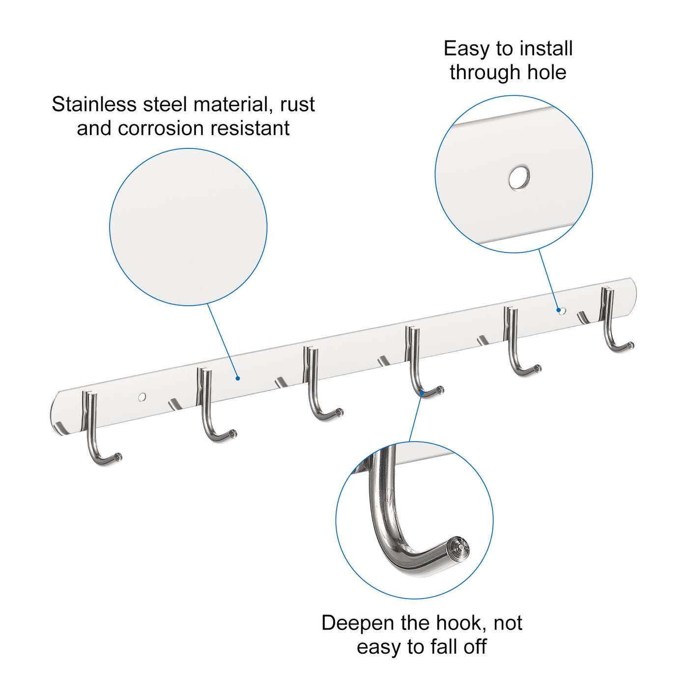 uxcell Uxcell Coat Hook Rack, 201 Stainless Steel Polished Wall Mounted with 6 Hooks Hook Rail Wall Hangers for Bedroom, Bathroom 2Pcs