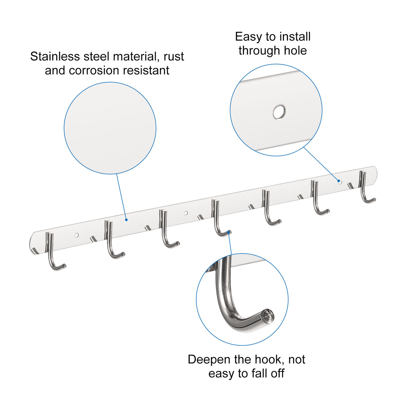 uxcell Uxcell Coat Hook Rack, 201 Stainless Steel Polished Wall Mounted with 7 Hooks Hook Rail Wall Hangers for Bedroom, Bathroom 2Pcs