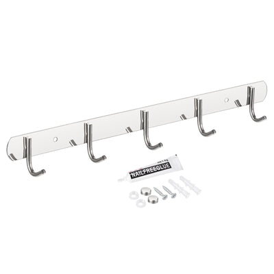 Harfington Uxcell Coat Hook Rack, 201 Stainless Steel Polished Wall Mounted with 5 Hooks Hook Rail Wall Hangers for Bedroom, Bathroom