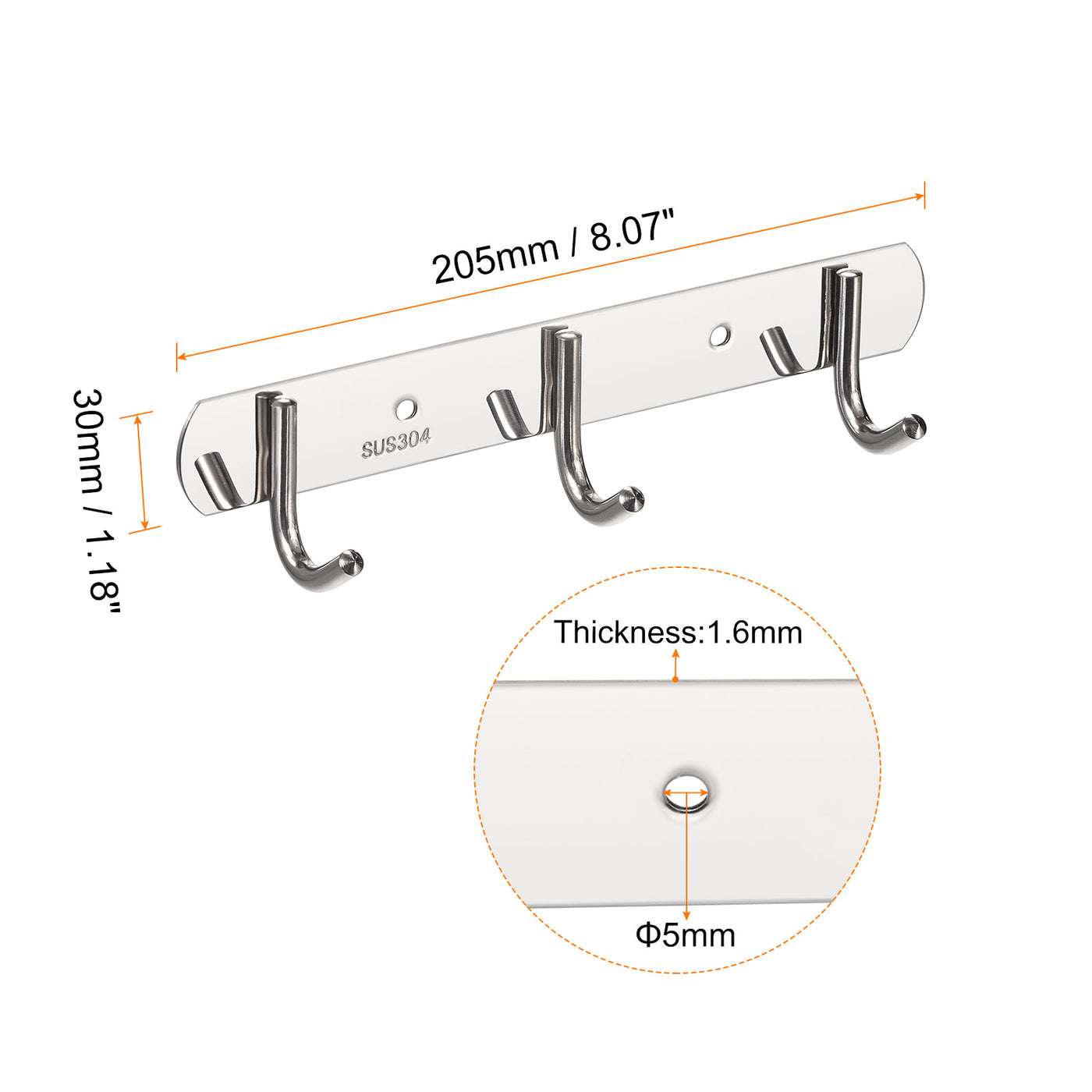 uxcell Uxcell Coat Hook Rack, 304 Stainless Steel Polished Wall Mounted with 3 Hooks Hook Rail Wall Hangers for Bedroom, Bathroom 2Pcs