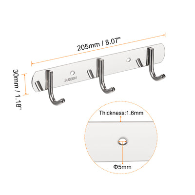 Harfington Uxcell Coat Hook Rack, 304 Stainless Steel Polished Wall Mounted with 3 Hooks Hook Rail Wall Hangers for Bedroom, Bathroom 2Pcs