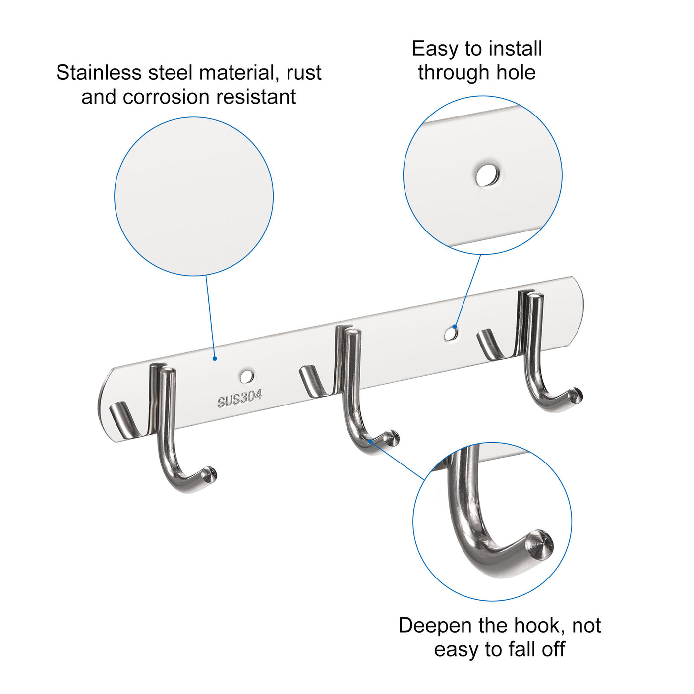 uxcell Uxcell Coat Hook Rack, 304 Stainless Steel Polished Wall Mounted with 3 Hooks Hook Rail Wall Hangers for Bedroom, Bathroom 2Pcs