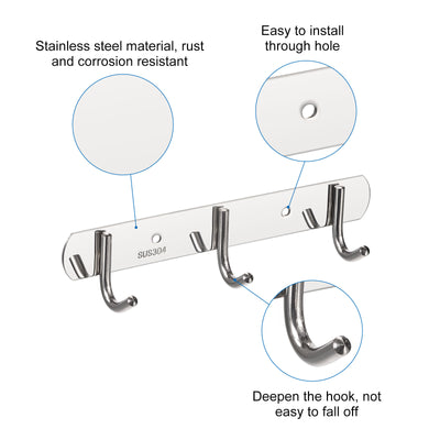 Harfington Uxcell Coat Hook Rack, 304 Stainless Steel Polished Wall Mounted with 3 Hooks Hook Rail Wall Hangers for Bedroom, Bathroom 2Pcs