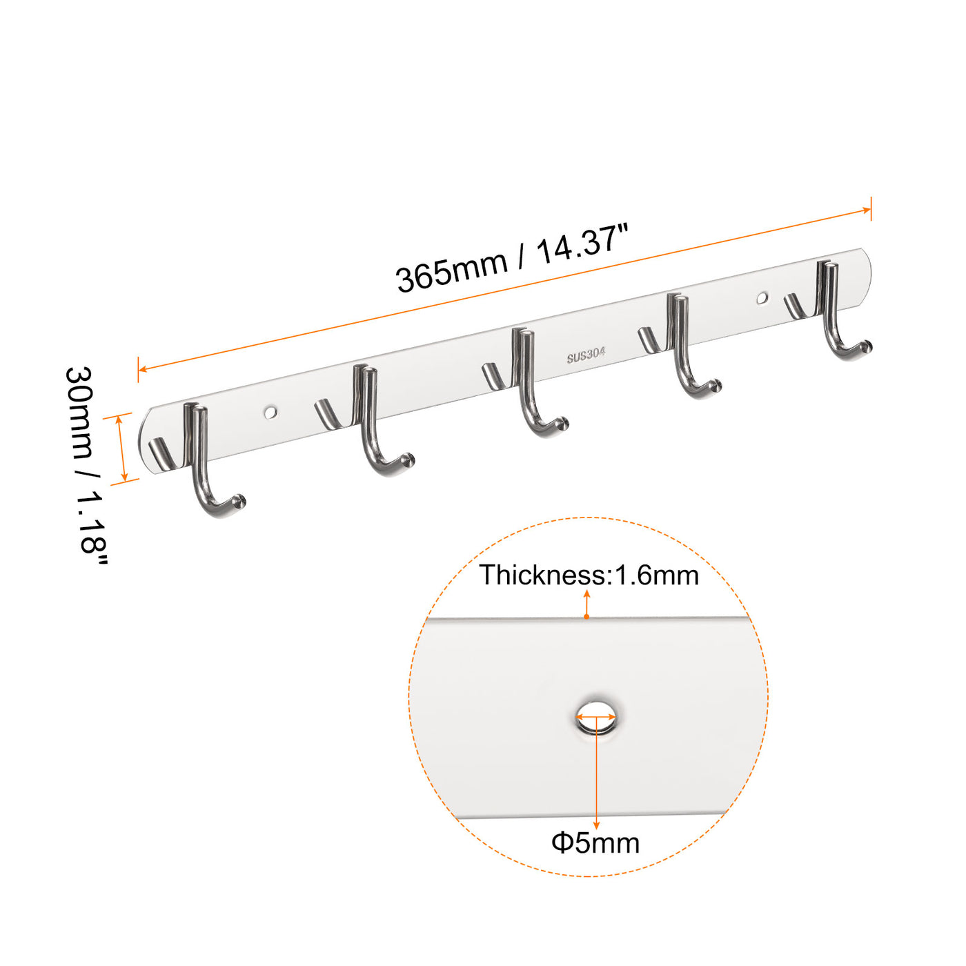 uxcell Uxcell 2 Stück Kleiderhaken Gestell 304 Edelstahl Wand Montiert Hakenschiene Wandhänger mit 5 Haken für Schlafzimmer Badezimmer