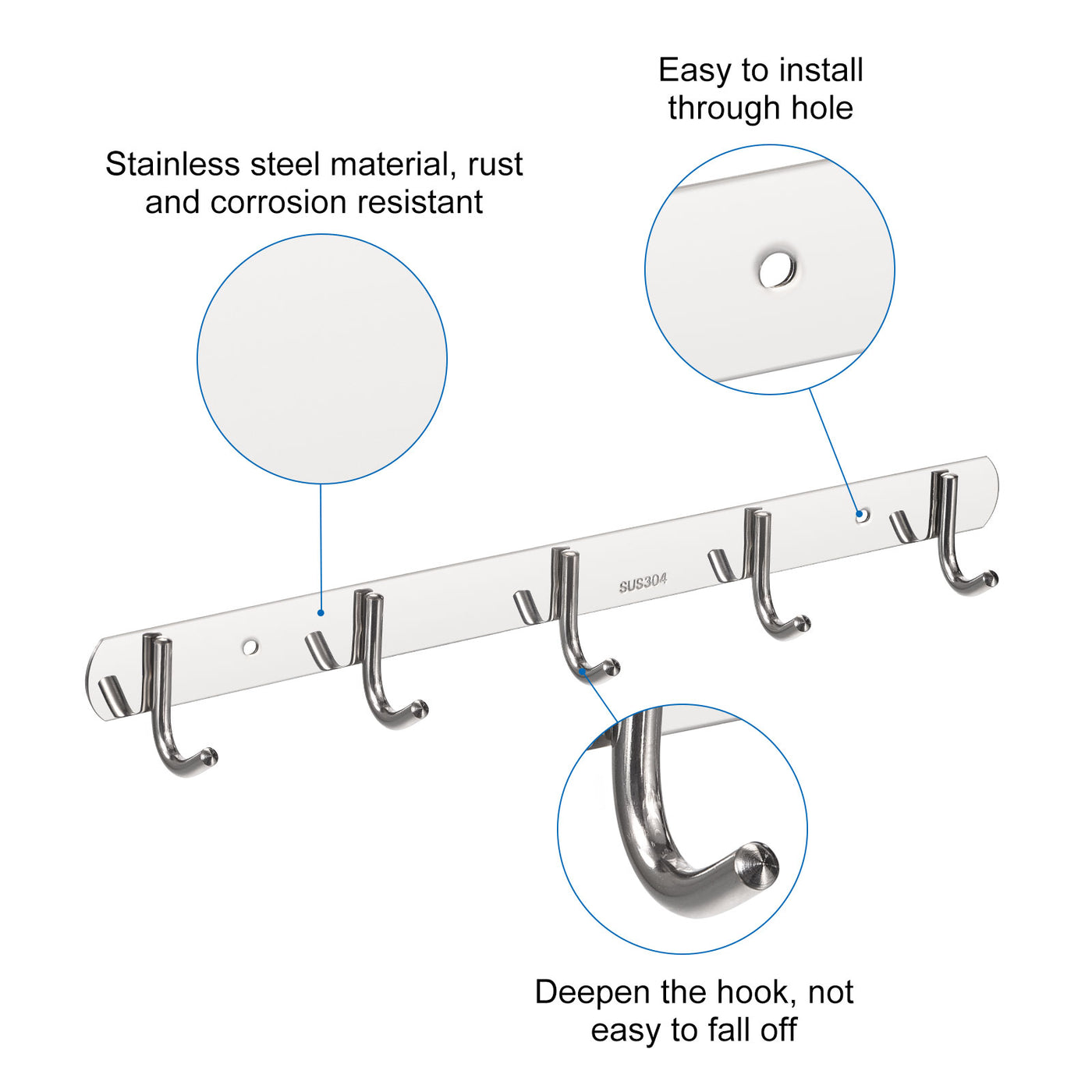 uxcell Uxcell 2 Stück Kleiderhaken Gestell 304 Edelstahl Wand Montiert Hakenschiene Wandhänger mit 5 Haken für Schlafzimmer Badezimmer