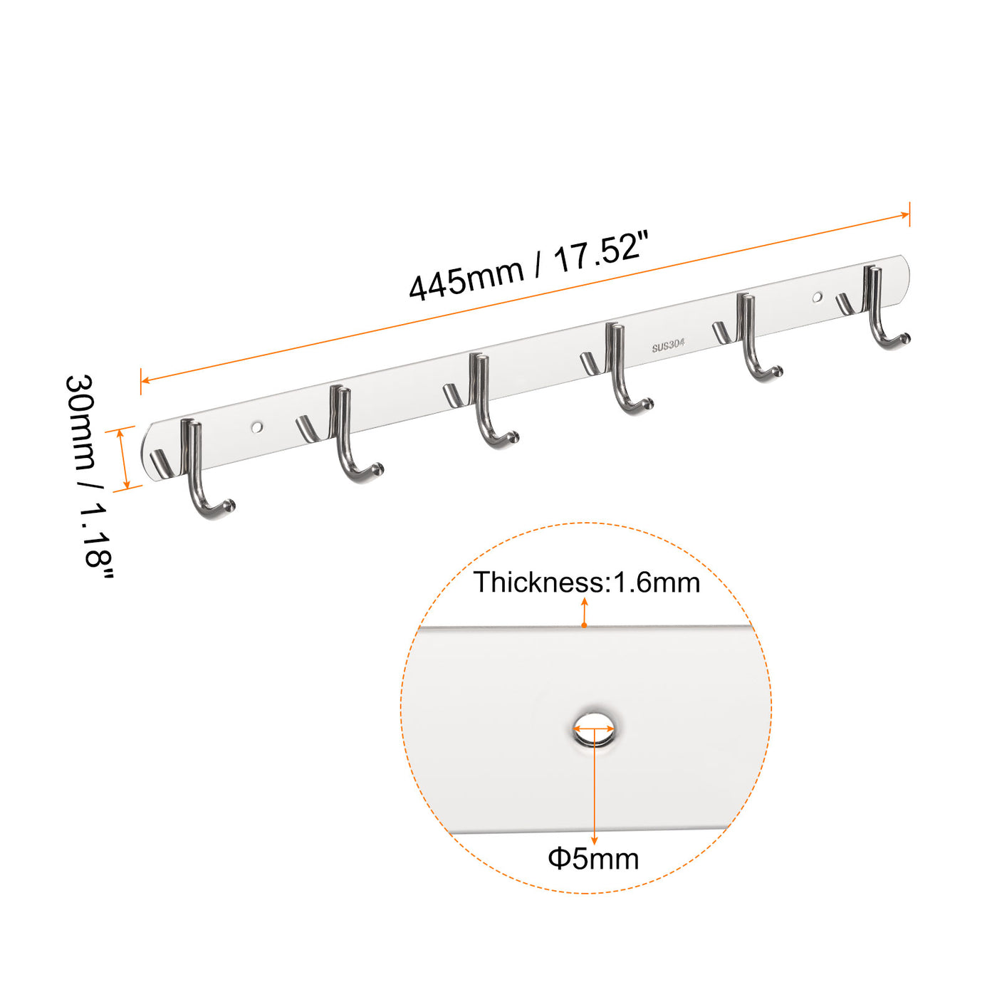 uxcell Uxcell Coat Hook Rack, 304 Stainless Steel Polished Wall Mounted with 6 Hooks Hook Rail Wall Hangers for Bedroom, Bathroom 2Pcs