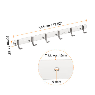 Harfington Uxcell Coat Hook Rack, 304 Stainless Steel Polished Wall Mounted with 6 Hooks Hook Rail Wall Hangers for Bedroom, Bathroom 2Pcs