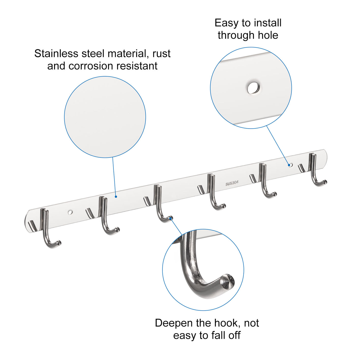 uxcell Uxcell Coat Hook Rack, 304 Stainless Steel Polished Wall Mounted with 6 Hooks Hook Rail Wall Hangers for Bedroom, Bathroom 2Pcs