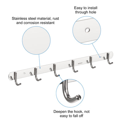 Harfington Uxcell Coat Hook Rack, 304 Stainless Steel Polished Wall Mounted with 6 Hooks Hook Rail Wall Hangers for Bedroom, Bathroom 2Pcs