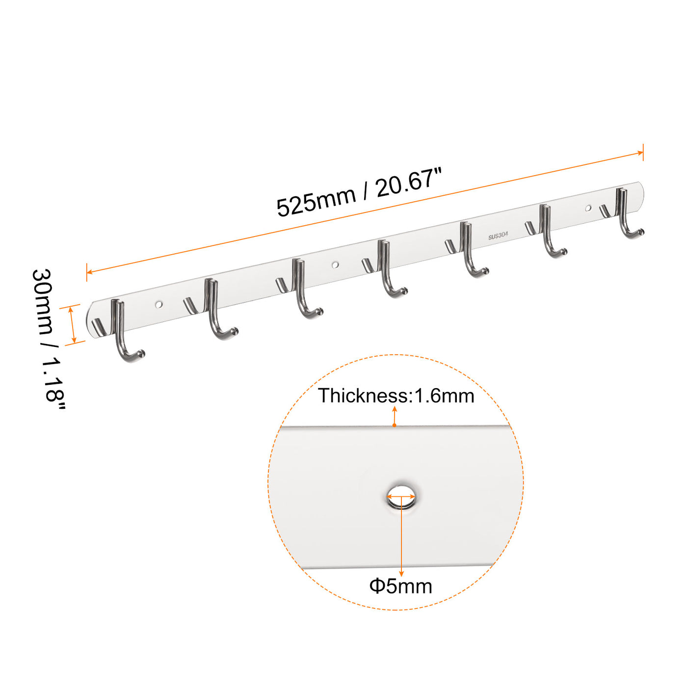 uxcell Uxcell Coat Hook Rack, 304 Stainless Steel Polished Wall Mounted with 7 Hooks Hook Rail Wall Hangers for Bedroom, Bathroom 2Pcs