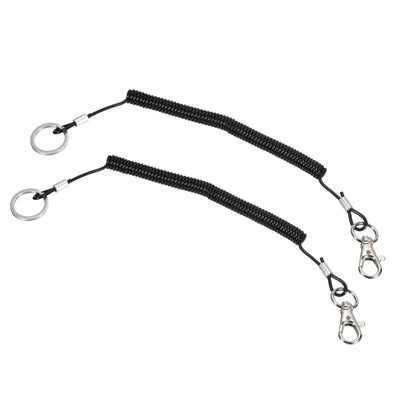 Harfington Retractable Coil Spring Keychain with Keyring Lobster Clasp 6", 2 Pack Plastic Spiral Stretchy Cord Strap Snap Hook, Black