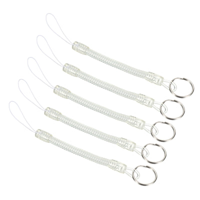 Harfington Retractable Spring Coil Strap with Keyring 3.5", 5 Pack Plastic Spiral Stretchy Key Holder Lanyard Cord, Clear