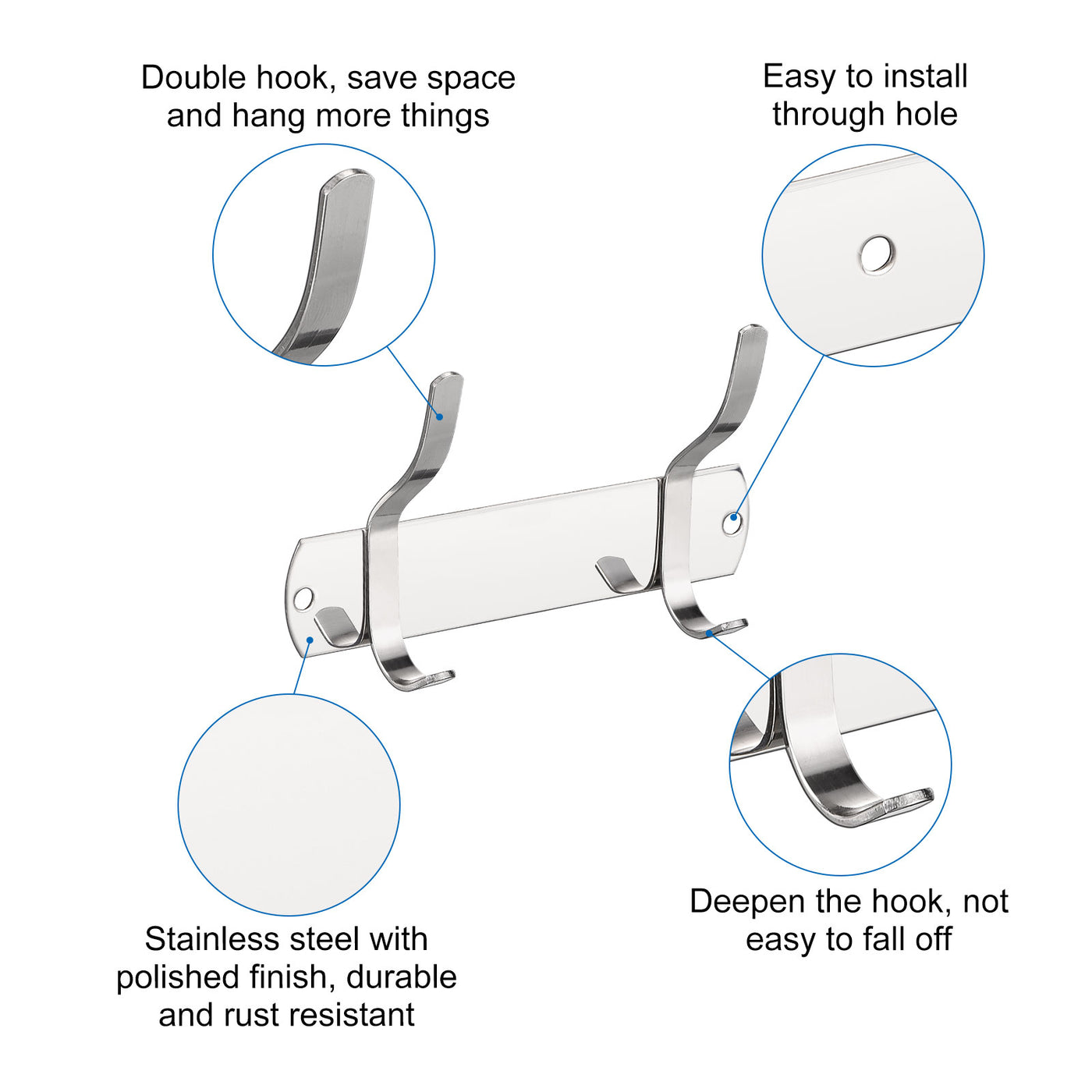 uxcell Uxcell Coat Hook Rack, Stainless Steel Wall Mounted with 2 Hooks Hook Rail Wall Hangers for Bedroom, Bathroom Silver 2Pcs