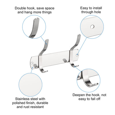 Harfington Uxcell Coat Hook Rack, Stainless Steel Wall Mounted with 2 Hooks Hook Rail Wall Hangers for Bedroom, Bathroom Silver 2Pcs