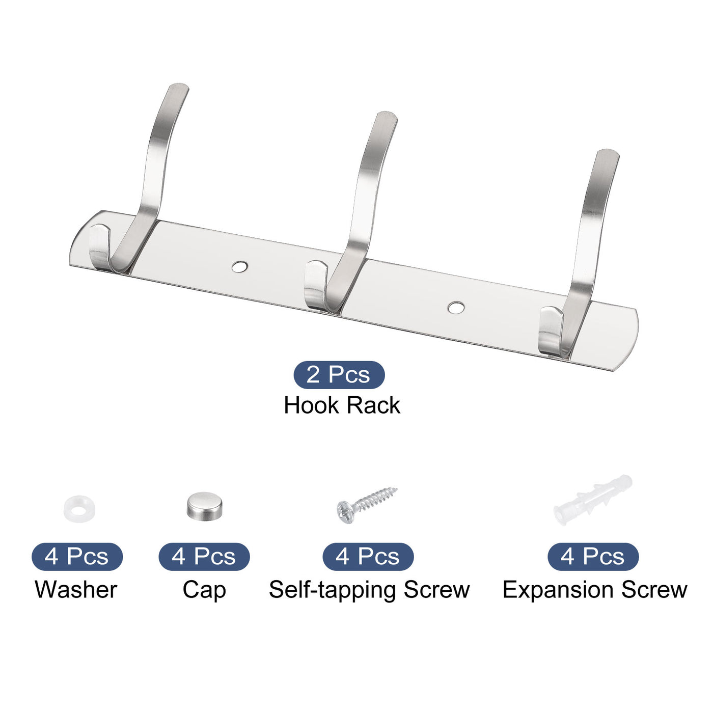 uxcell Uxcell Coat Hook Rack, Stainless Steel Wall Mounted with 3 Hooks Hook Rail Wall Hangers for Bedroom, Bathroom Silver 2Pcs