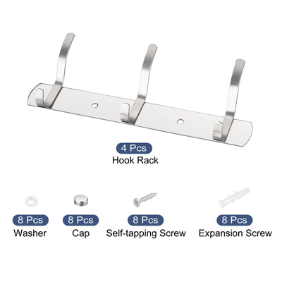 Harfington Uxcell Coat Hook Rack, Stainless Steel Wall Mounted with 3 Hooks Hook Rail Wall Hangers for Bedroom, Bathroom Silver 4Pcs