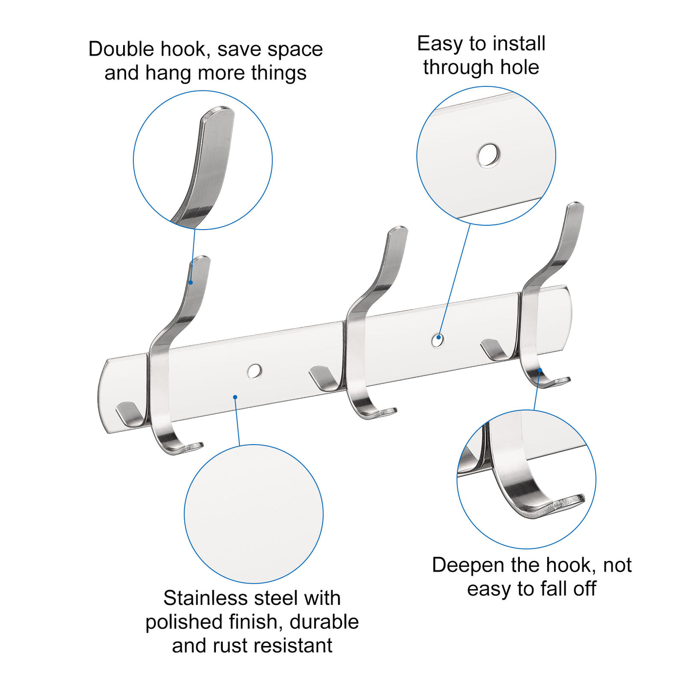 uxcell Uxcell Coat Hook Rack, Stainless Steel Wall Mounted with 3 Hooks Hook Rail Wall Hangers for Bedroom, Bathroom Silver 4Pcs