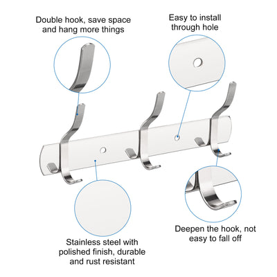 Harfington Uxcell Coat Hook Rack, Stainless Steel Wall Mounted with 3 Hooks Hook Rail Wall Hangers for Bedroom, Bathroom Silver 4Pcs