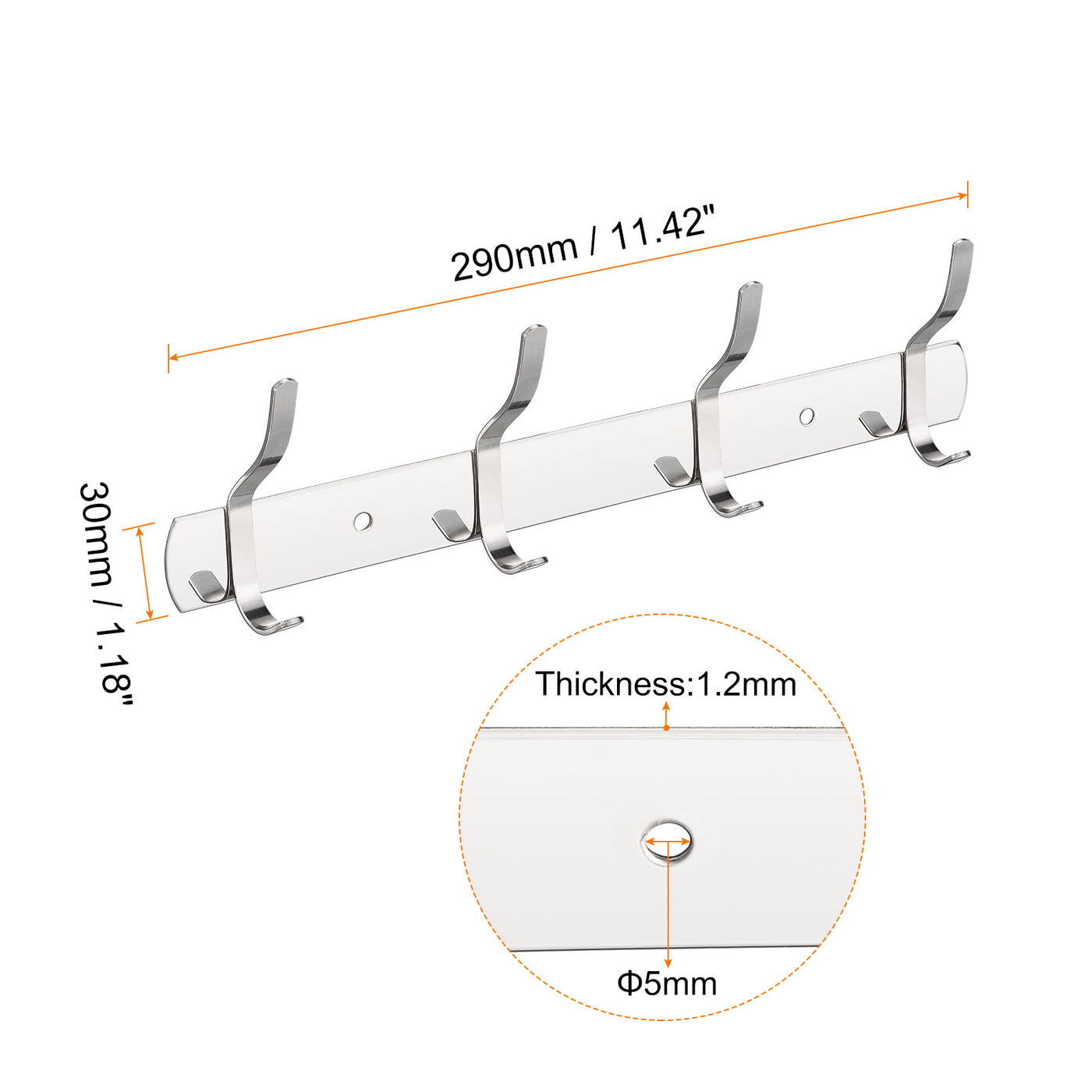 uxcell Uxcell Coat Hook Rack, Stainless Steel Wall Mounted with 4 Hooks Hook Rail Wall Hangers for Bedroom, Bathroom Silver