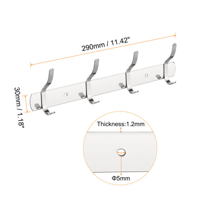 Harfington Uxcell Coat Hook Rack, Stainless Steel Wall Mounted with 4 Hooks Hook Rail Wall Hangers for Bedroom, Bathroom Silver