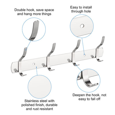 Harfington Uxcell Coat Hook Rack, Stainless Steel Wall Mounted with 4 Hooks Hook Rail Wall Hangers for Bedroom, Bathroom Silver 4Pcs