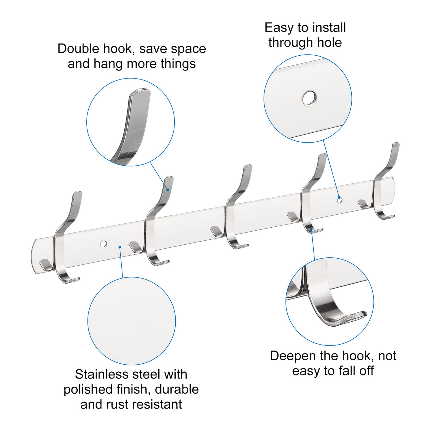 uxcell Uxcell Coat Hook Rack, Stainless Steel Wall Mounted with 5 Hooks Hook Rail Wall Hangers for Bedroom, Bathroom Silver 2Pcs