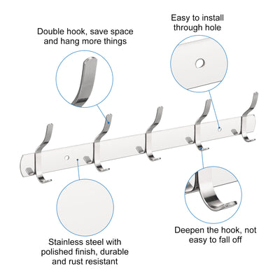 Harfington Uxcell Coat Hook Rack, Stainless Steel Wall Mounted with 5 Hooks Hook Rail Wall Hangers for Bedroom, Bathroom Silver 2Pcs