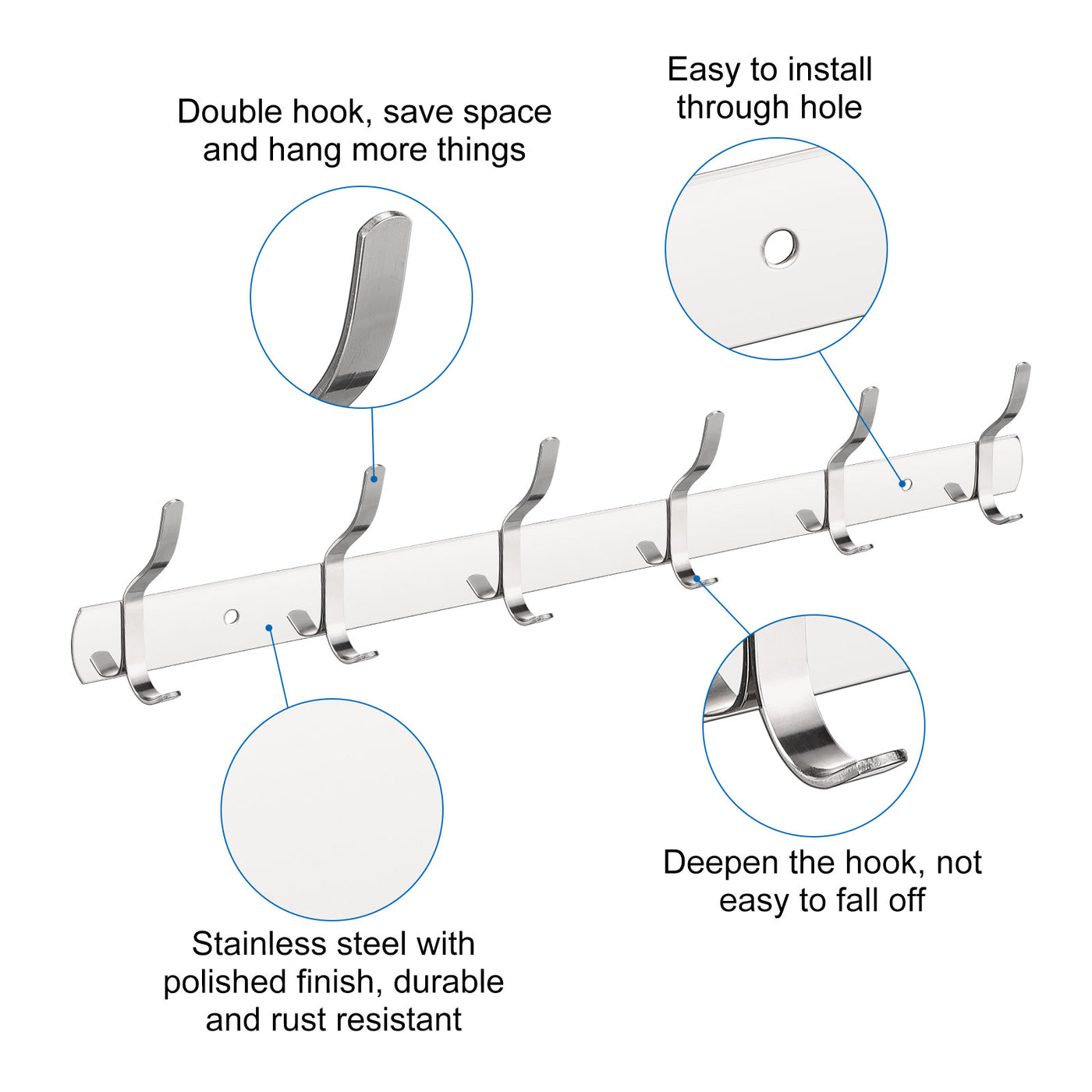 uxcell Uxcell Kleiderhaken Gestell Edelstahl Wand Montiert Hakenschiene Wandhänger mit 6 Haken für Schlafzimmer Badezimmer Silber Ton