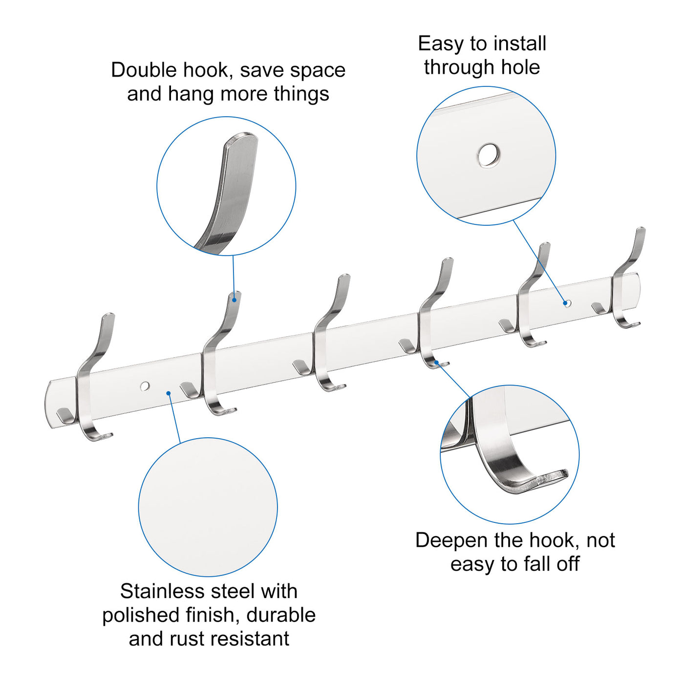 uxcell Uxcell 2 Stück Kleiderhaken Gestell Edelstahl Wand Montiert Hakenschiene Wandhänger mit 6 Haken für Schlafzimmer Badezimmer Silber Ton