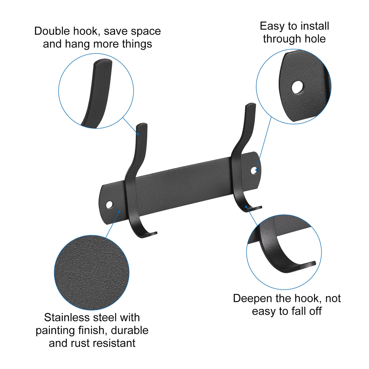 uxcell Uxcell Coat Hook Rack, Stainless Steel Wall Mounted with 2 Hooks Hook Rail Wall Hangers for Bedroom, Bathroom Black