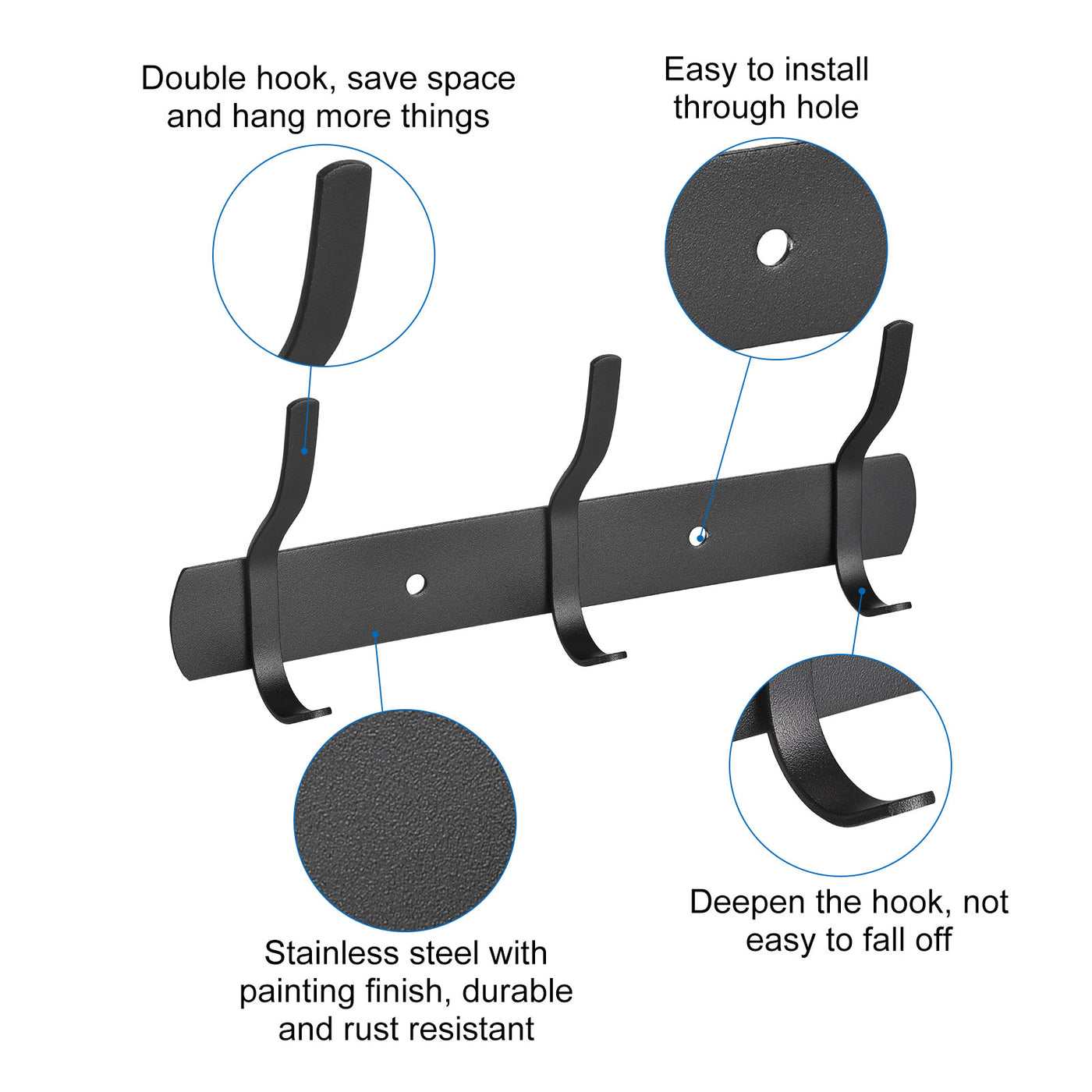 uxcell Uxcell Coat Hook Rack, Stainless Steel Wall Mounted with 3 Hooks Hook Rail Wall Hangers for Bedroom, Bathroom Black