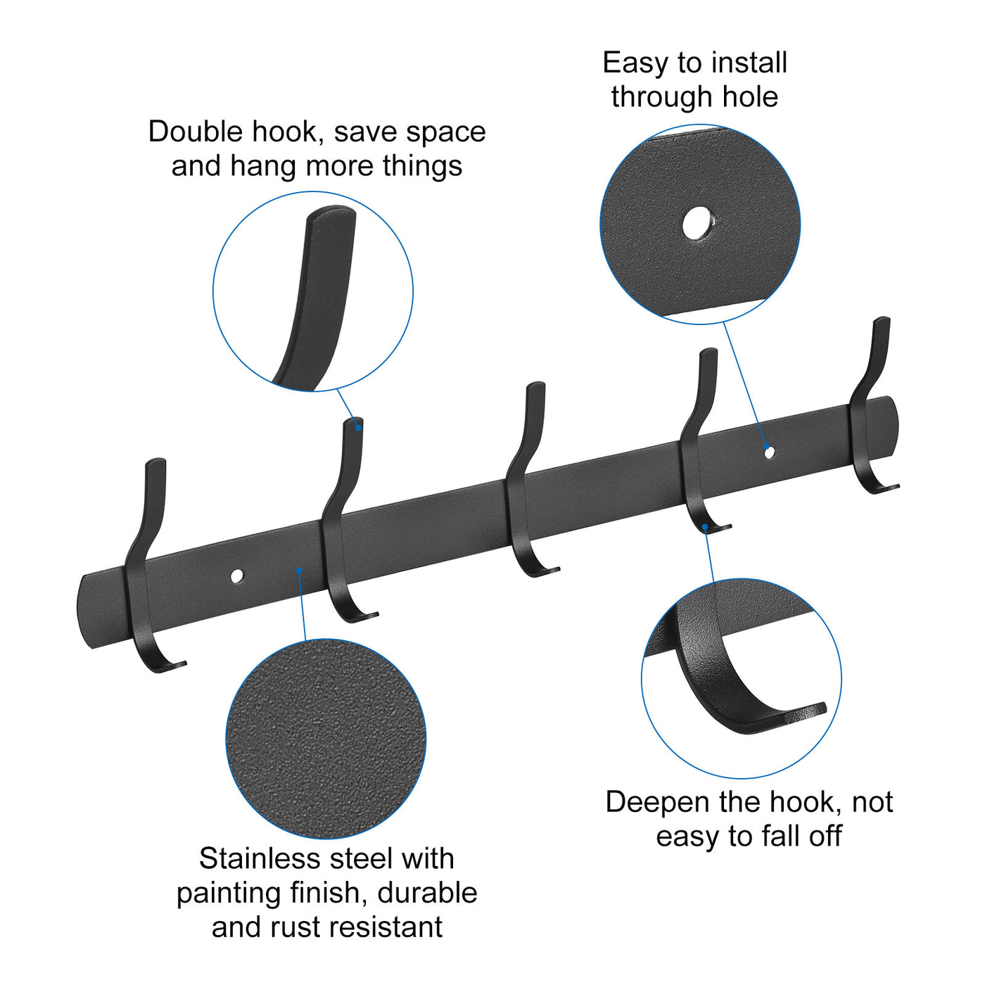 uxcell Uxcell Coat Hook Rack, Stainless Steel Wall Mounted with 5 Hooks Hook Rail Wall Hangers for Bedroom, Bathroom Black