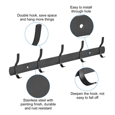 Harfington Uxcell Coat Hook Rack, Stainless Steel Wall Mounted with 5 Hooks Hook Rail Wall Hangers for Bedroom, Bathroom Black