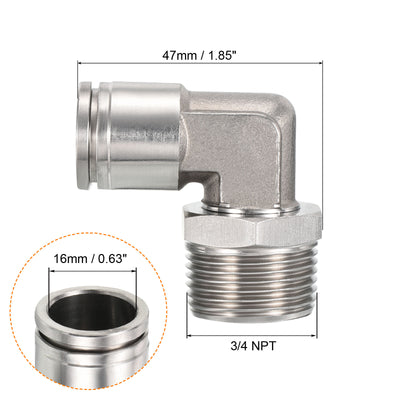 Harfington Push to Connect Fitting Elbow 5/8 Inch Tube OD 3/4 NPT Male Thread, 304 Stainless Steel Right Angle Hose Pipe Connector, Silver