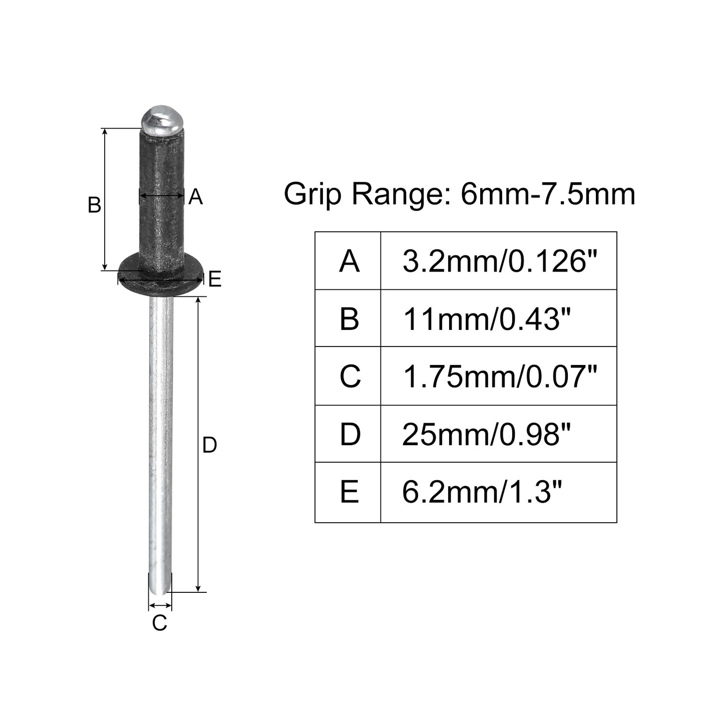 uxcell Uxcell Aluminum Blind Rivets, 3.2mm x 11mm Open End Flat Round Head Rivet, Black 200Pcs