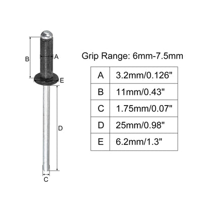 Harfington Uxcell Aluminum Blind Rivets, 3.2mm x 11mm Open End Flat Round Head Rivet, Black 200Pcs