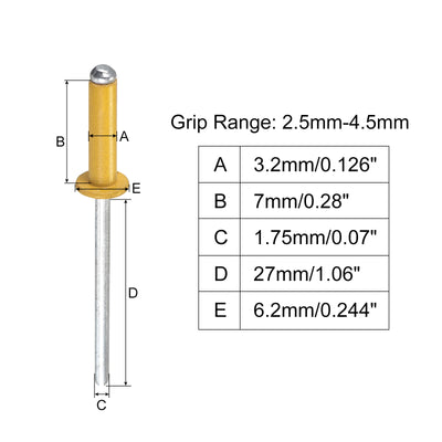 Harfington Uxcell Aluminum Blind Rivets, 3.2mm x 7mm Open End Flat Round Head Rivet, Gold 400Pcs