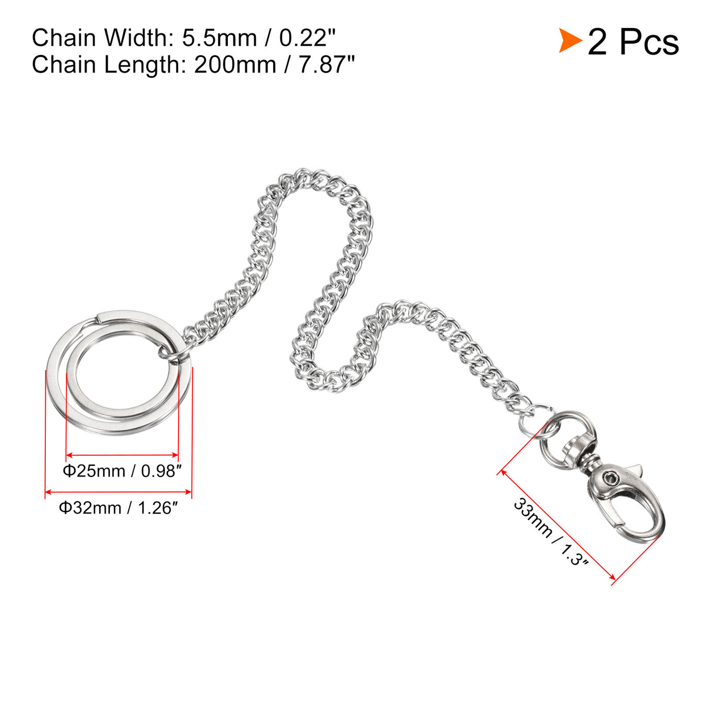 Harfington Wallet Chain Keychain with Keyrings Lobster Clasp 8 Inch, 2 Pack Nickel Plated Metal Clip for Jeans Pants Belt Loop Purse Handbag, Silver