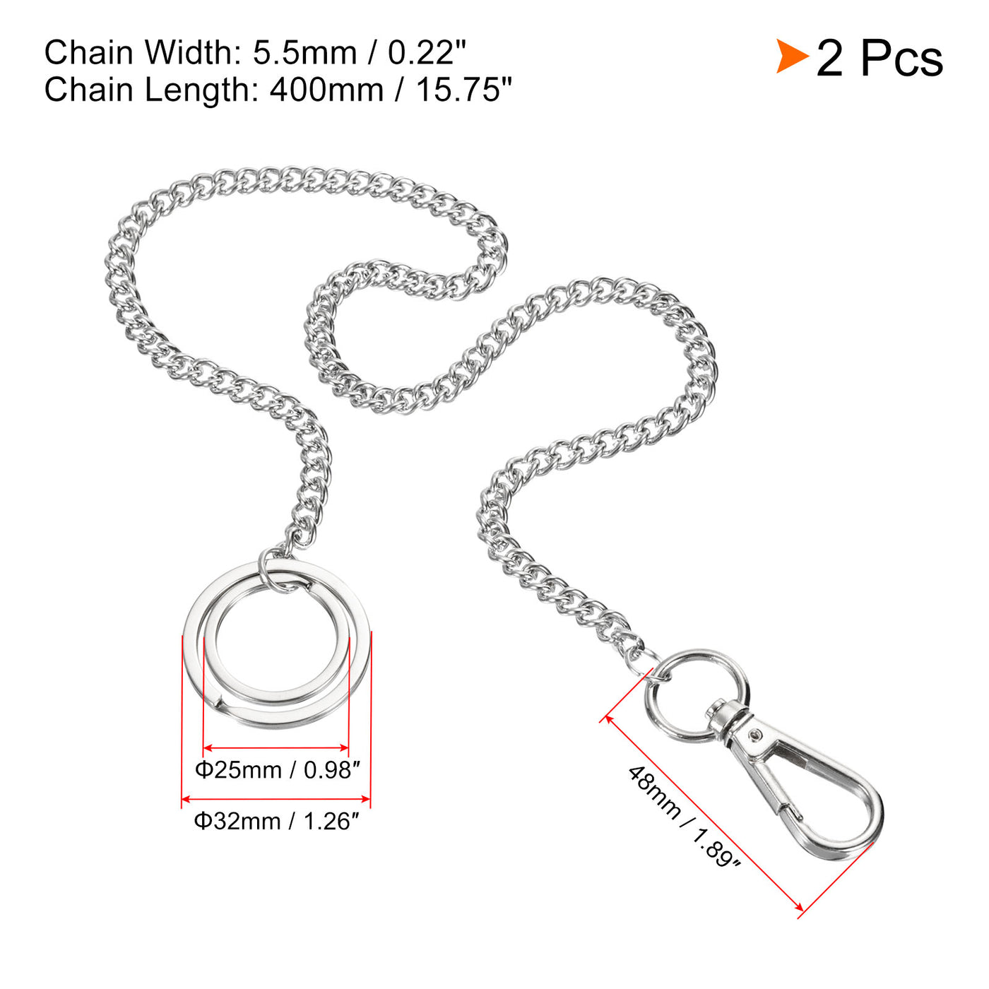 Harfington Wallet Chain Keychain with Keyring Clasp 16 Inch, 2 Pack Nickel Plated Metal Clip for Jeans Pants Belt Loop Pocket Purse Handbag, Silver