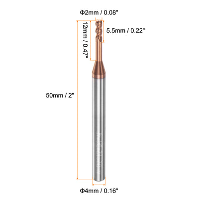 Harfington 2mm x 12mm x 4mm x 50mm AlTiSin Coated Carbide 4 Flute Square End Mill 2pcs