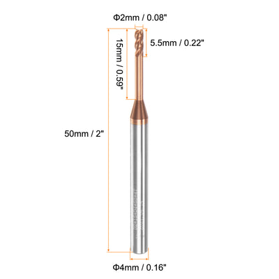 Harfington 2mm x 15mm x 4mm x 50mm AlTiSin Coated Solid Carbide 4 Flute Square End Mill