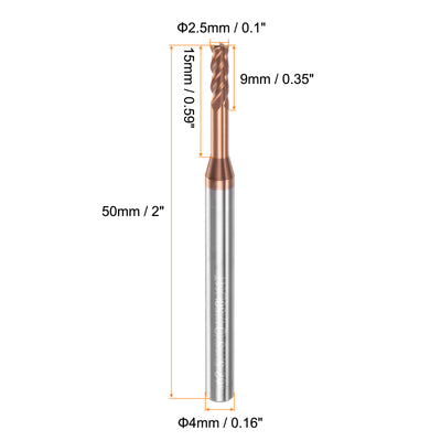 Harfington 2.5mm x 15mm x 4mm x 50mm AlTiSin Coated Carbide 4 Flute Square End Mill 2pcs