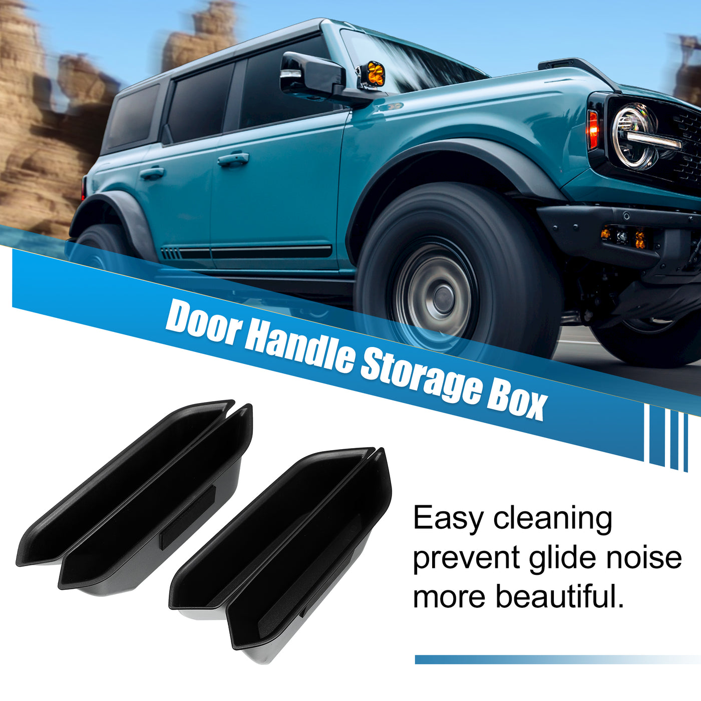 X AUTOHAUX 4pcs Front Rear Door Handle Storage Box Door Side Armrest Phone Pocket Insert Box Tray ABS For Ford Bronco 2021 2022 2023 4Door Black