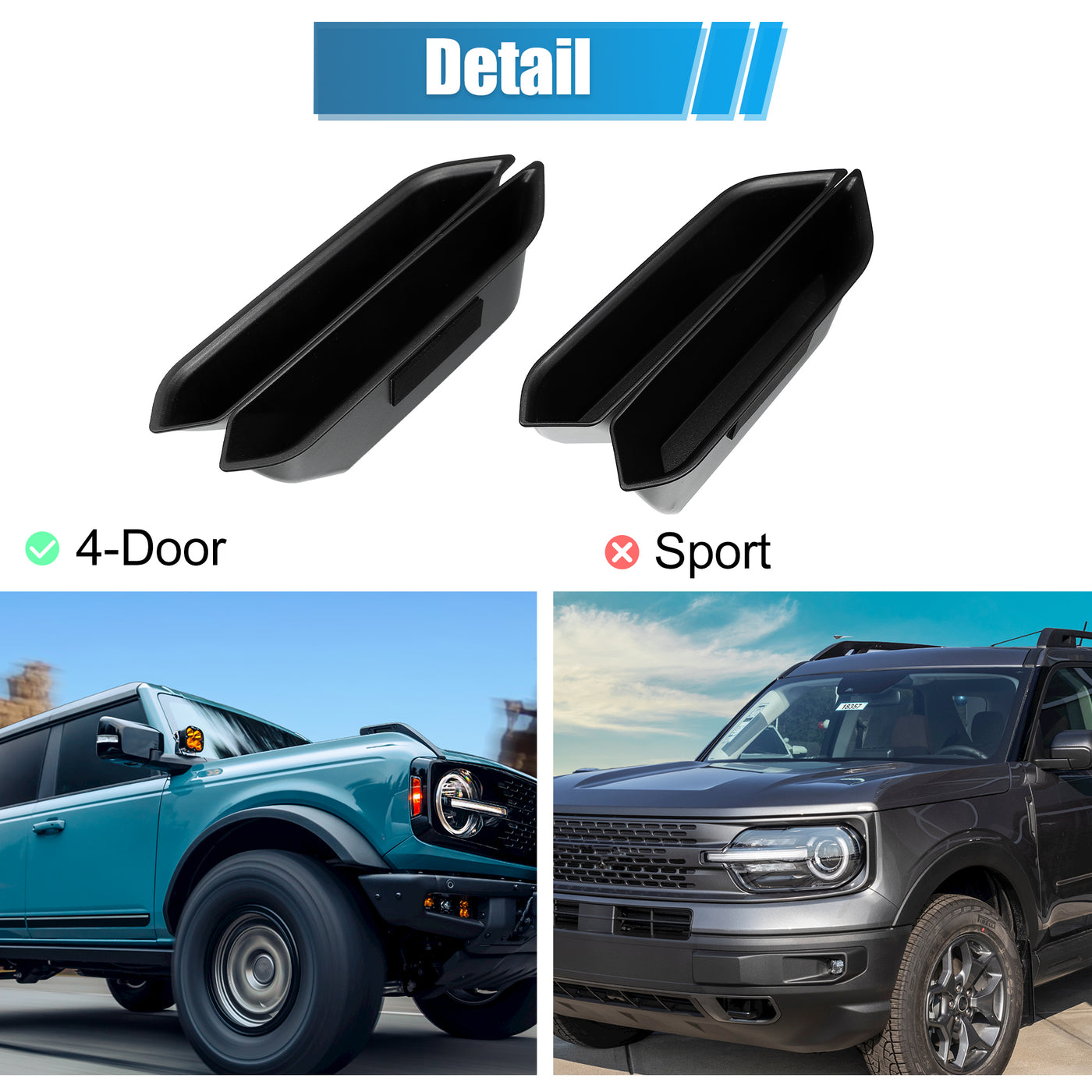 X AUTOHAUX 4pcs Front Rear Door Handle Storage Box Door Side Armrest Phone Pocket Insert Box Tray ABS For Ford Bronco 2021 2022 2023 4Door Black