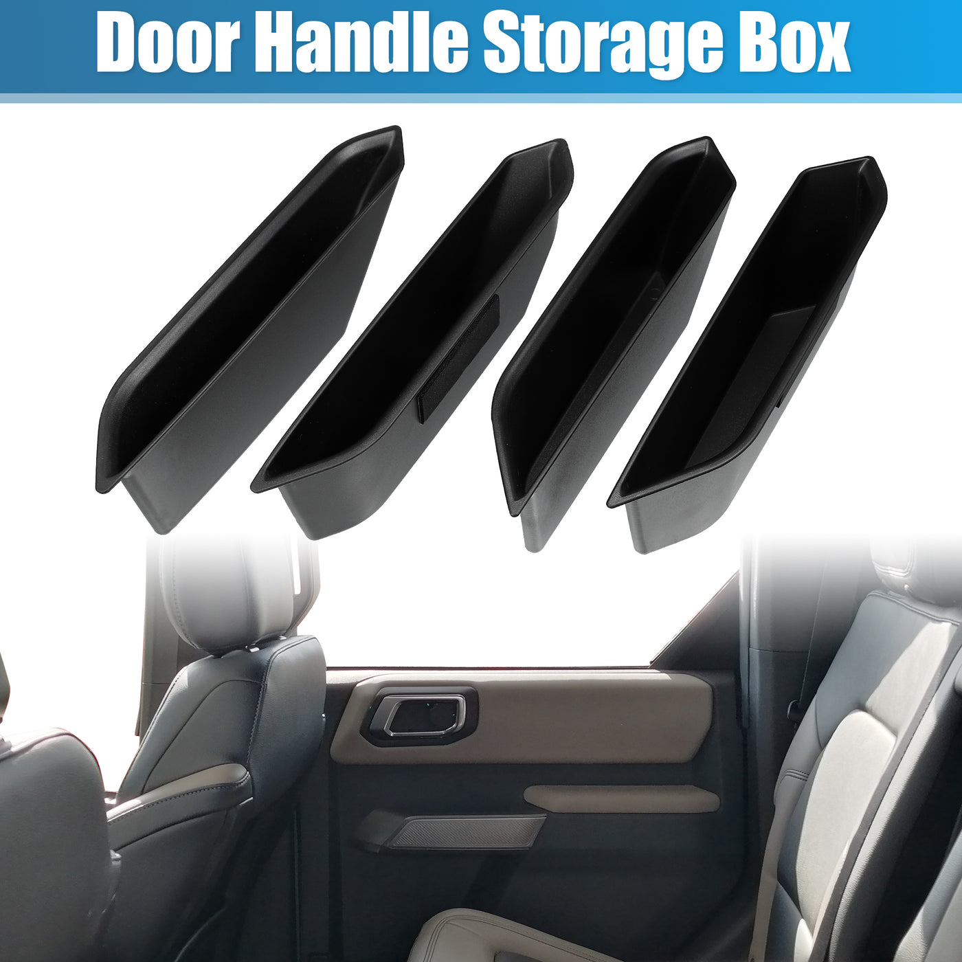 X AUTOHAUX 4pcs Front Rear Door Handle Storage Box Door Side Armrest Phone Pocket Insert Box Tray ABS For Ford Bronco 2021 2022 2023 4Door Black