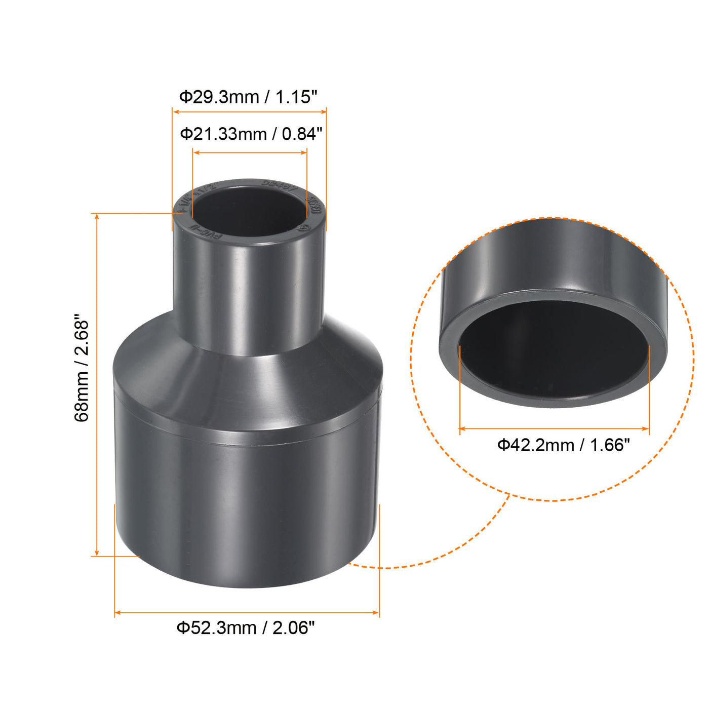 Harfington UPVC Reduzierer Rohrverschraubung 1-1/4" x 1/2" Sockel Zeitplan 80, 2 Pack gerader Kupplung Adapter Stecker, grau