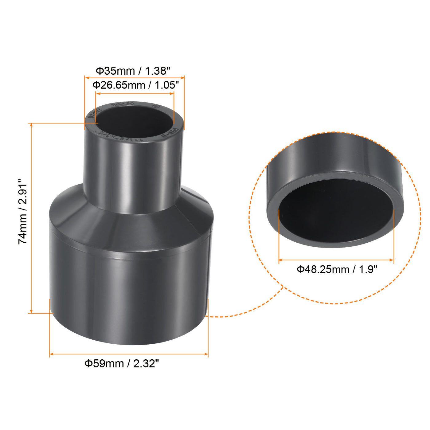 Harfington UPVC Reduzierer Rohrverschraubung 1-1/2" x 3/4" Sockel Zeitplan 80, 2 Pack gerader Kupplung Adapter Stecker, grau