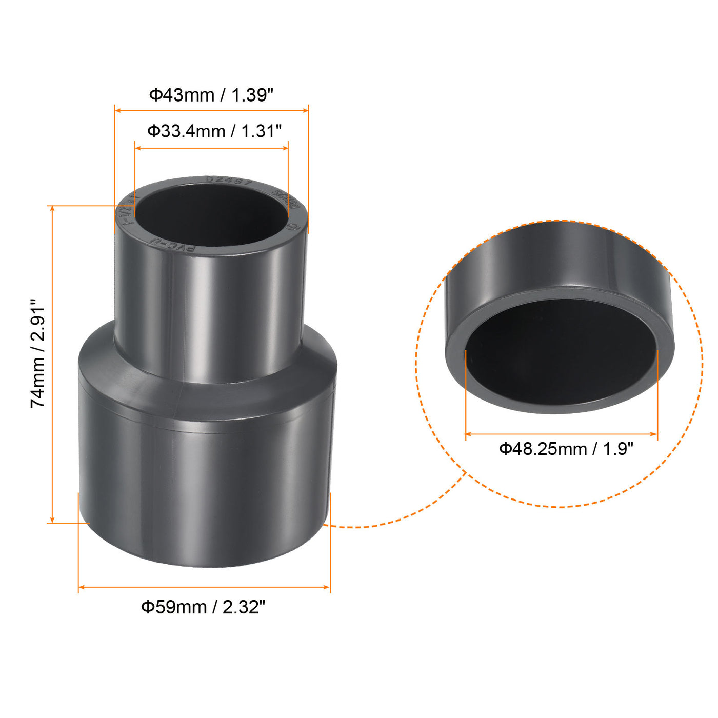 Harfington UPVC Reduzierer Rohrverschraubung 1-1/2" x 1" Sockel Zeitplan 80, 2 Pack gerader Kupplung Adapter Stecker, grau